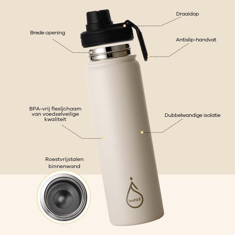 bottl8 –Premium RVS Drinkfles met rietje Ivoorwit